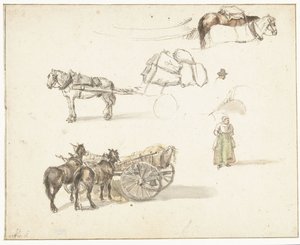 Enkele studies van karren en een staande vrouwelijke boer